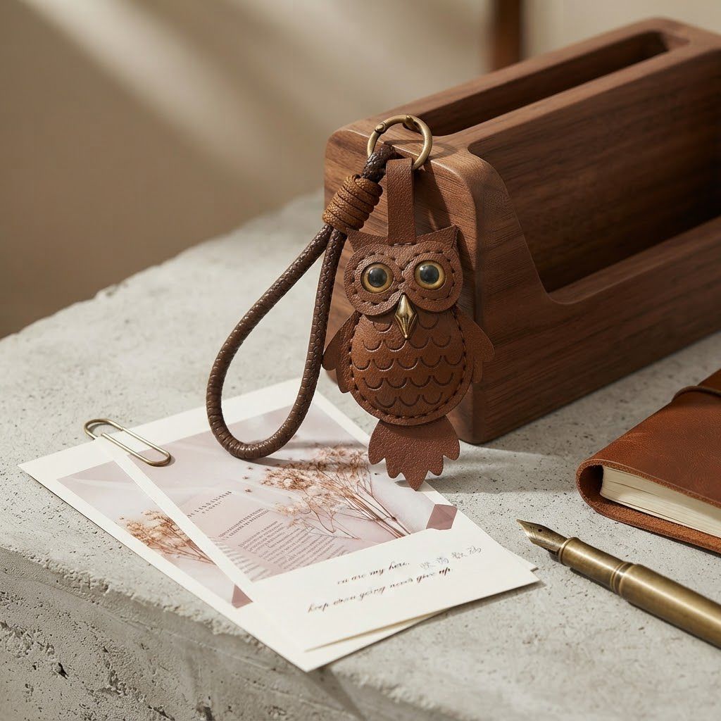 Handmade Brown Owl Leather Keychain – Cute Owl Bag Charm & Stylish Key Ring