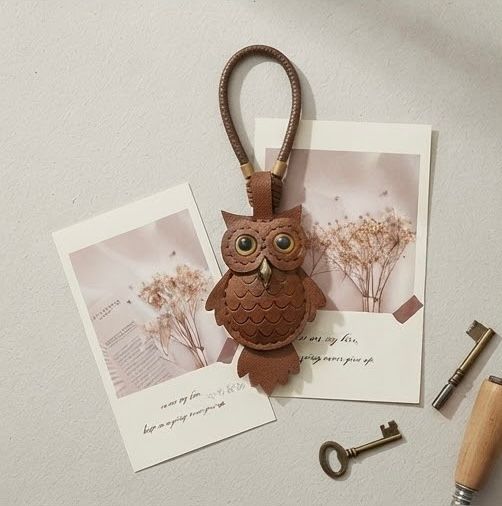 Handmade Brown Owl Leather Keychain – Cute Owl Bag Charm & Stylish Key Ring