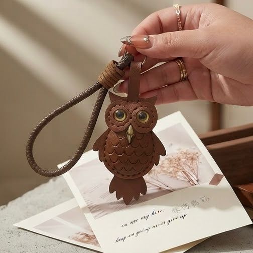 Handmade Brown Owl Leather Keychain – Cute Owl Bag Charm & Stylish Key Ring