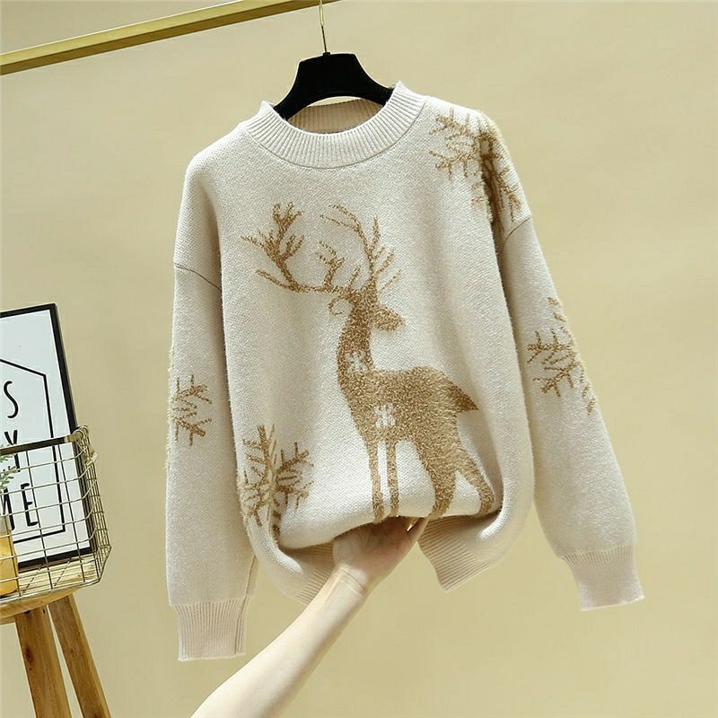 Christmas Sweaters for Women Pullover Casual Knitted Sweater Reindeer Snowflake Santa Print Xmas Sweater Jumper Tops