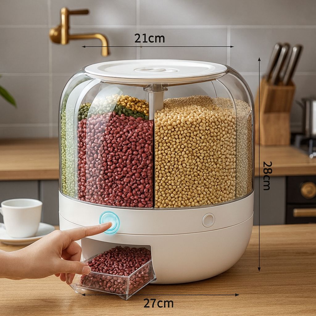 BIG 6 Grid Food Storage Dispenser 12L Rice & Grain Storage Container 360°