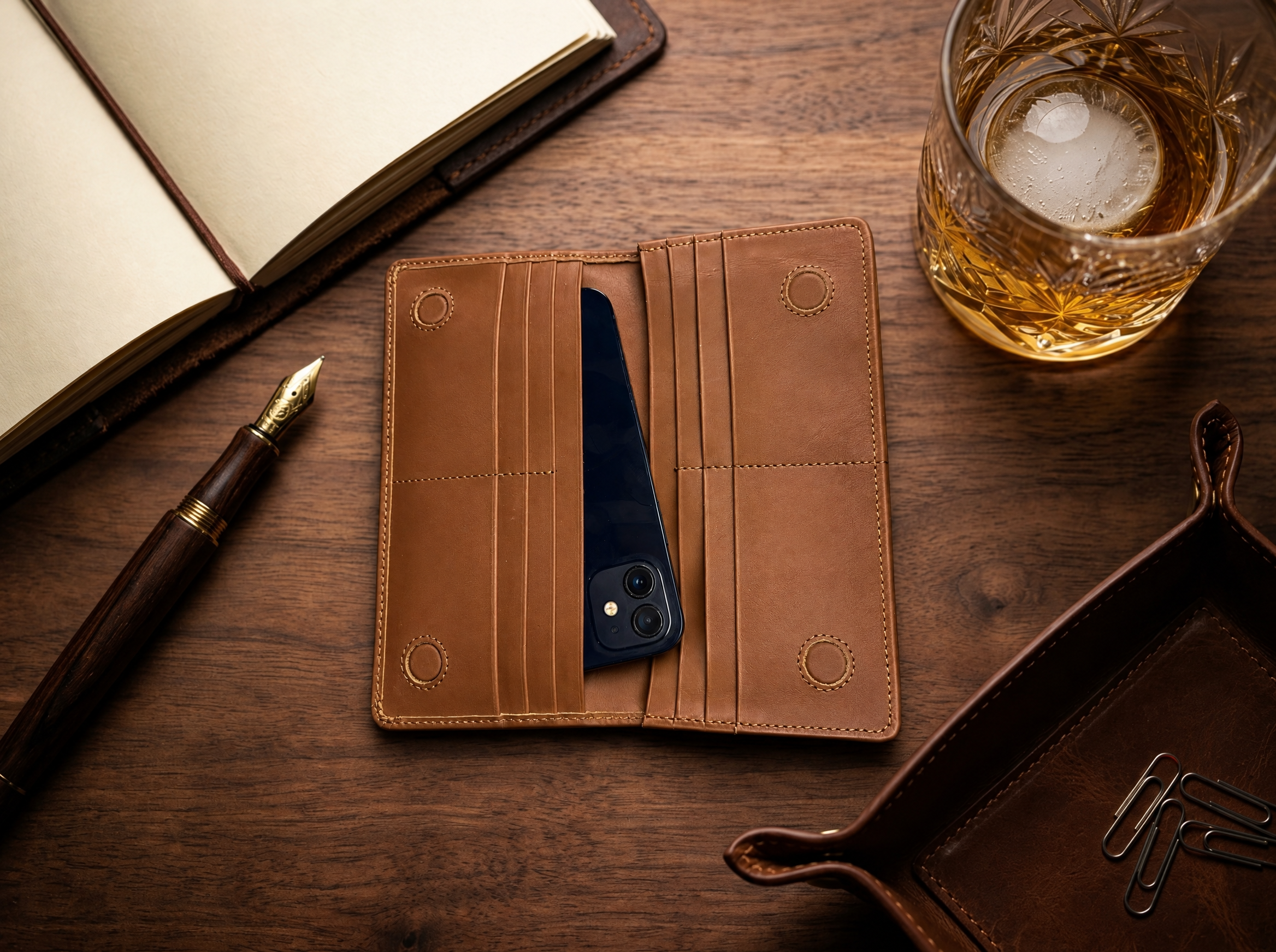 Full Moon Handcrafted Original Leather Long Wallet with Mobile Pouch Inside & 12 Card Slots | Bazaro.ae