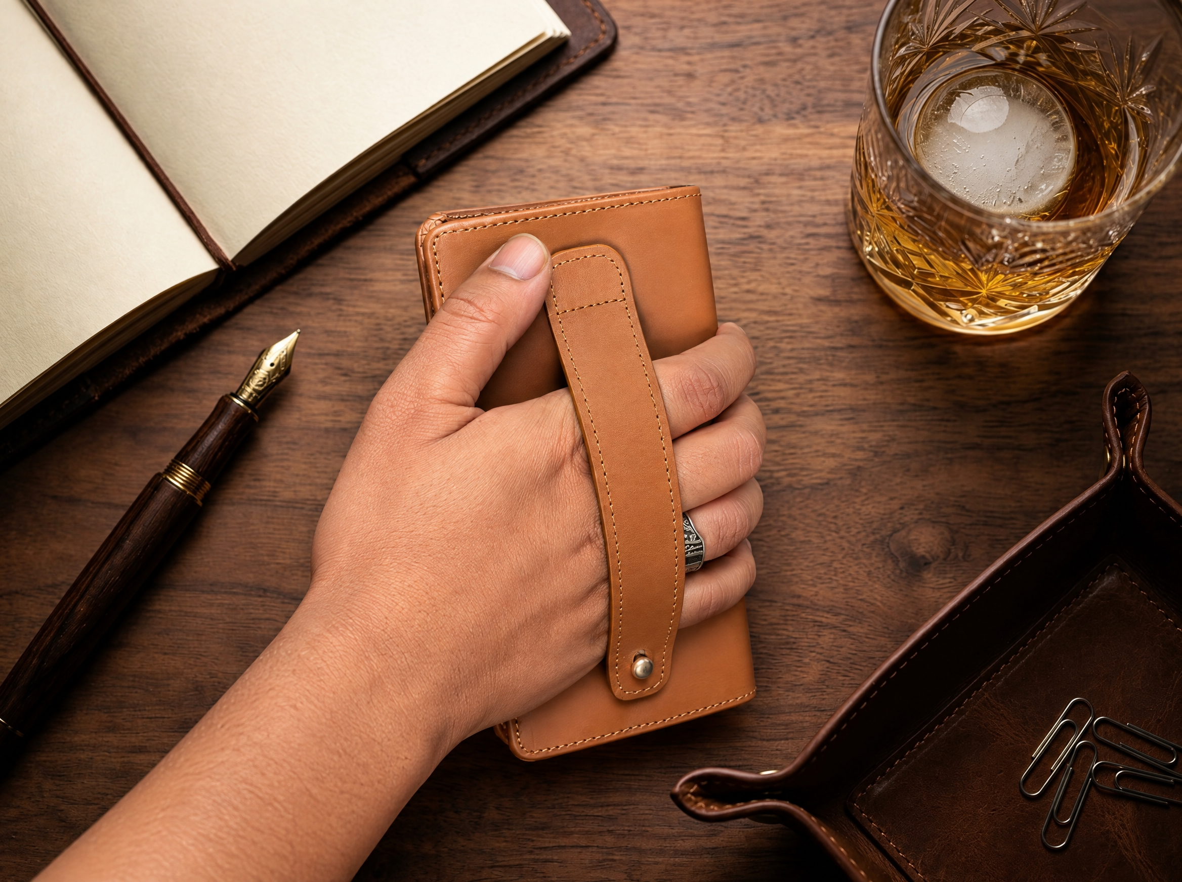 Full Moon Handcrafted Original Leather Long Wallet with Mobile Pouch Inside & 12 Card Slots | Bazaro.ae