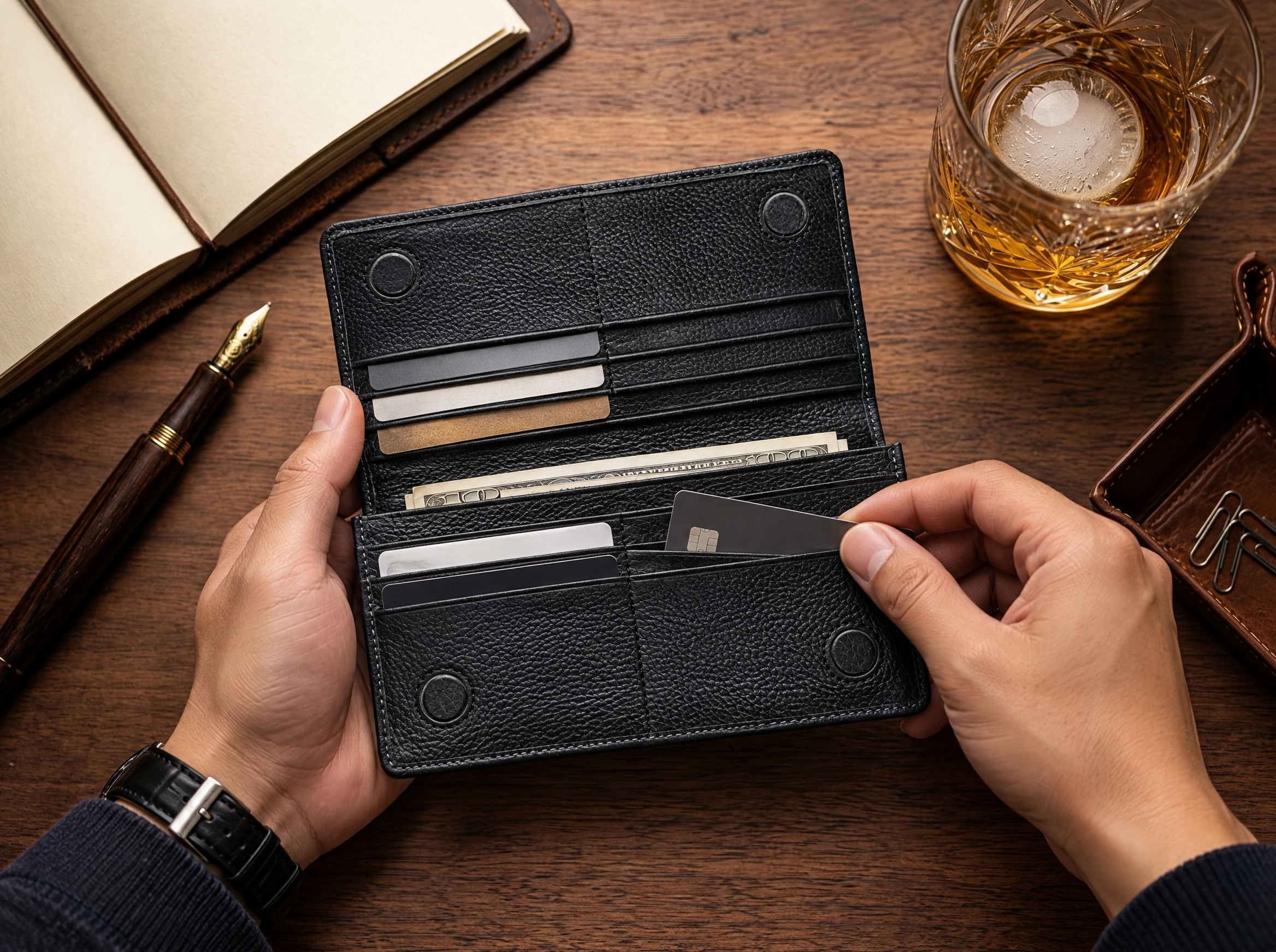 Full Moon Handcrafted Original Leather Long Wallet with Mobile Pouch Inside & 12 Card Slots | Bazaro.ae