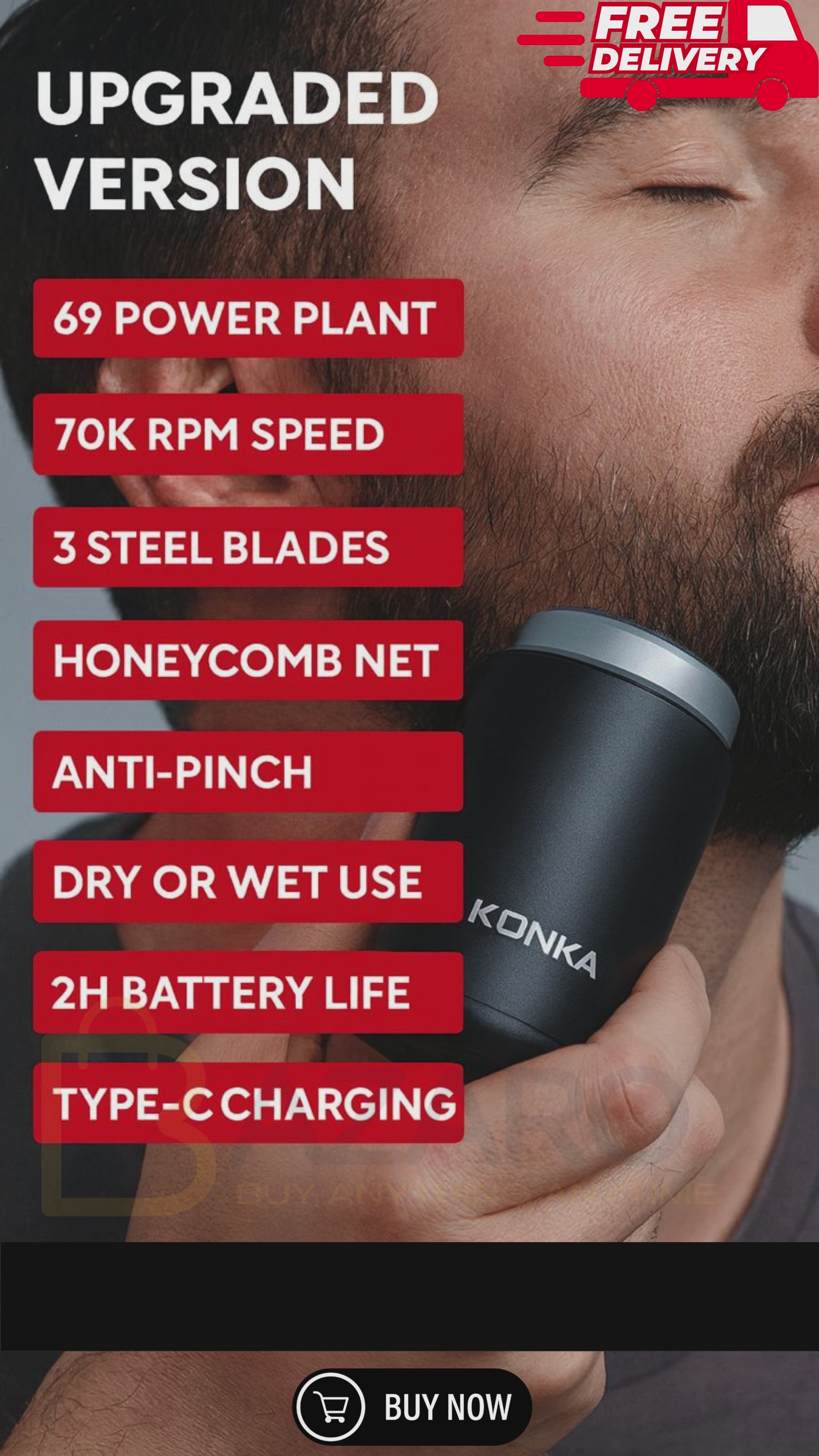 konka Electric Shaver | 3 Steel Blades | Anti Pinching | 2 Hour Battery life | Type C Charging